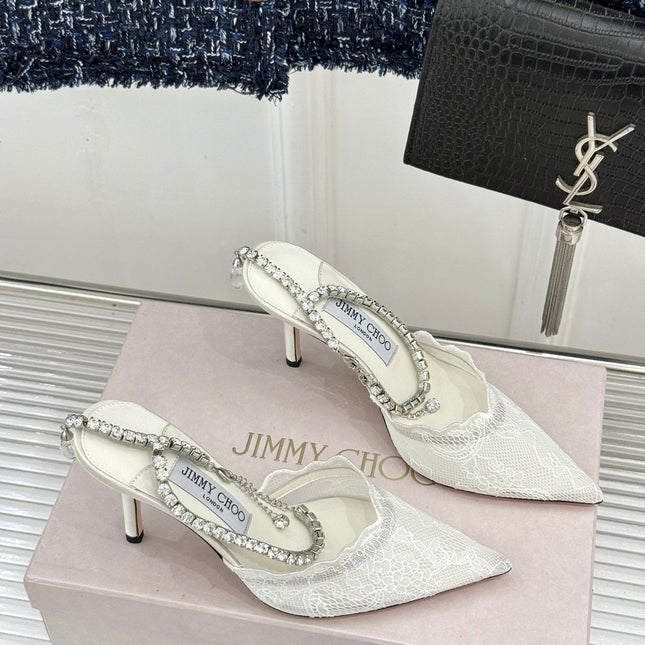 JIMMY CHOO 26S EMBELLISHED HIGH-HEEL SANDALS 85 MM IN WHITE LACE