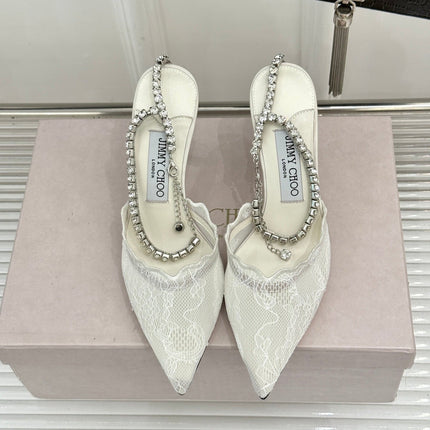 JIMMY CHOO 26S EMBELLISHED HIGH-HEEL SANDALS 85 MM IN WHITE LACE