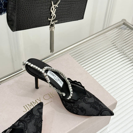 JIMMY CHOO 26S EMBELLISHED HIGH-HEEL SANDALS 85 MM IN BLACK LACE