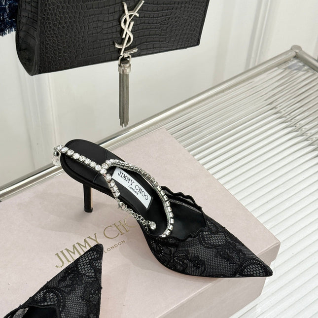 JIMMY CHOO 26S EMBELLISHED HIGH-HEEL SANDALS 85 MM IN BLACK LACE