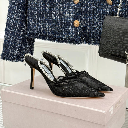 JIMMY CHOO 26S EMBELLISHED HIGH-HEEL SANDALS 85 MM IN BLACK LACE