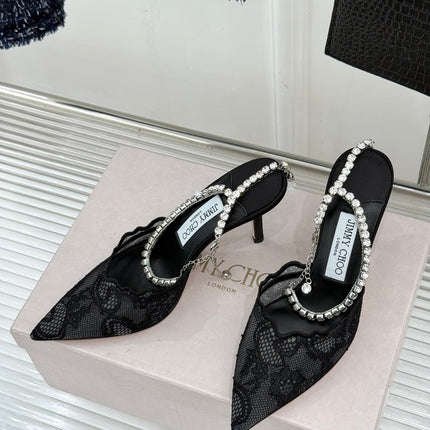 JIMMY CHOO 26S EMBELLISHED HIGH-HEEL SANDALS 85 MM IN BLACK LACE