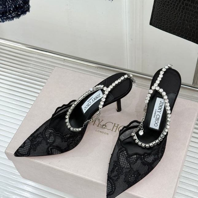 JIMMY CHOO 26S EMBELLISHED HIGH-HEEL SANDALS 85 MM IN BLACK LACE