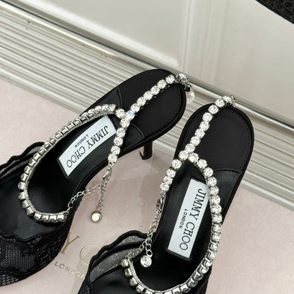 JIMMY CHOO 26S EMBELLISHED HIGH-HEEL SANDALS 85 MM IN BLACK LACE