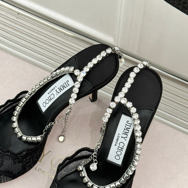 JIMMY CHOO 26S EMBELLISHED HIGH-HEEL SANDALS 85 MM IN BLACK LACE