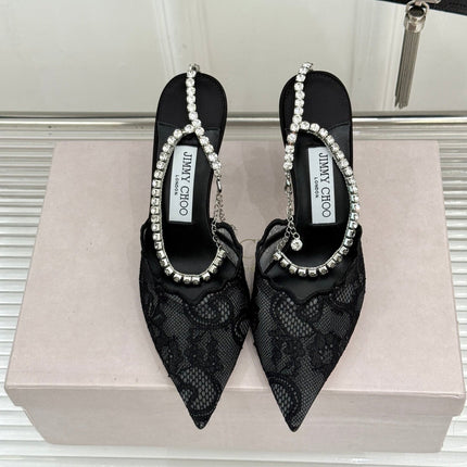 JIMMY CHOO 26S EMBELLISHED HIGH-HEEL SANDALS 85 MM IN BLACK LACE