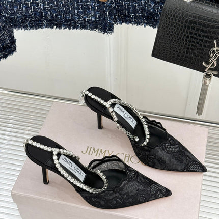 JIMMY CHOO 26S EMBELLISHED HIGH-HEEL SANDALS 85 MM IN BLACK LACE