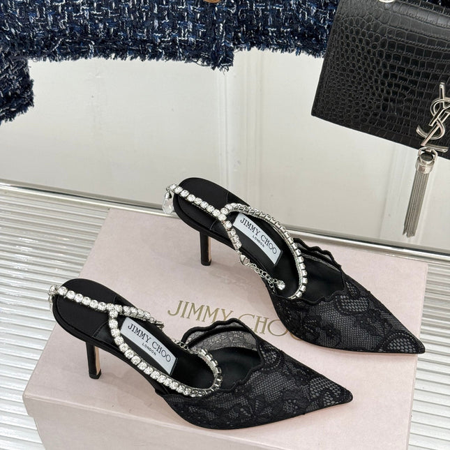 JIMMY CHOO 26S EMBELLISHED HIGH-HEEL SANDALS 85 MM IN BLACK LACE