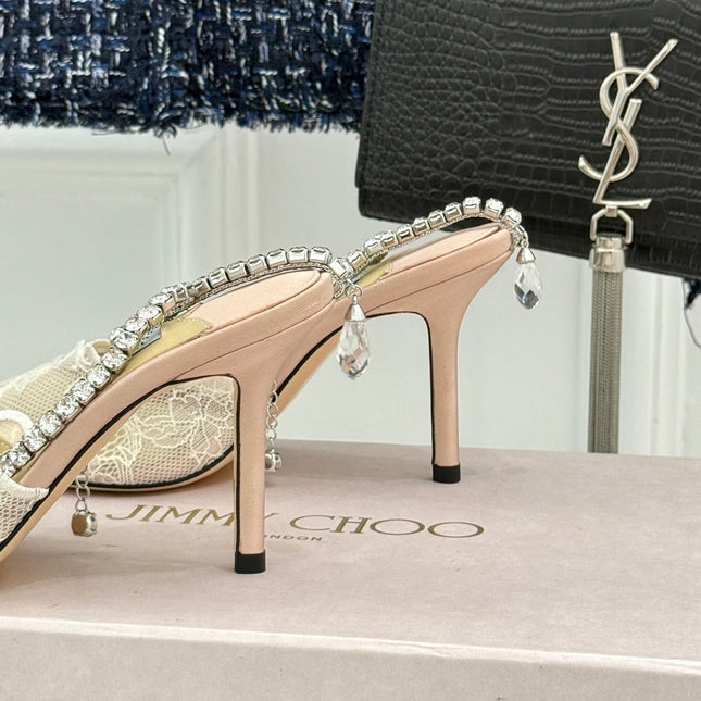 JIMMY CHOO 26S EMBELLISHED HIGH-HEEL SANDALS 85 MM IN CREAM WHITE LACE