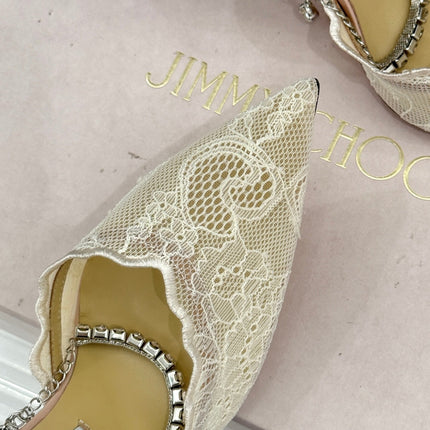 JIMMY CHOO 26S EMBELLISHED HIGH-HEEL SANDALS 85 MM IN CREAM WHITE LACE