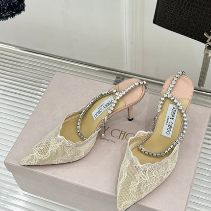 JIMMY CHOO 26S EMBELLISHED HIGH-HEEL SANDALS 85 MM IN CREAM WHITE LACE