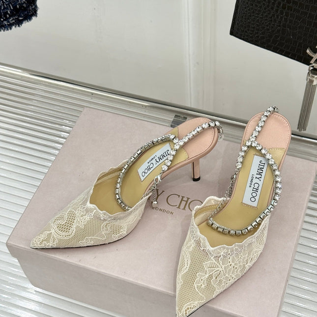 JIMMY CHOO 26S EMBELLISHED HIGH-HEEL SANDALS 85 MM IN CREAM WHITE LACE