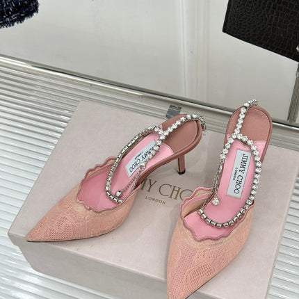 JIMMY CHOO 26S EMBELLISHED HIGH-HEEL SANDALS 85 MM IN BALLET PINK LACE