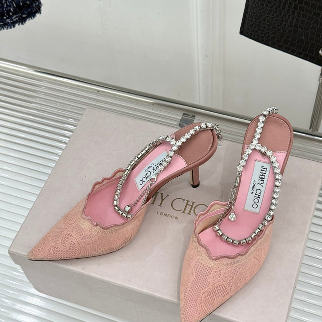 JIMMY CHOO 26S EMBELLISHED HIGH-HEEL SANDALS 85 MM IN BALLET PINK LACE