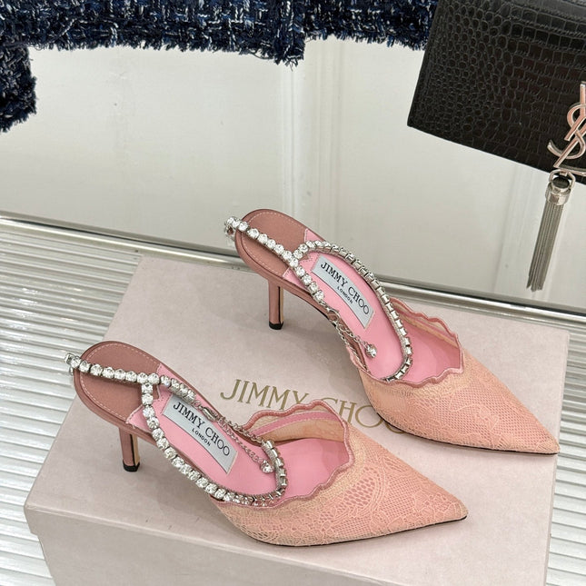 JIMMY CHOO 26S EMBELLISHED HIGH-HEEL SANDALS 85 MM IN BALLET PINK LACE