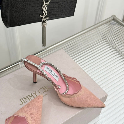 JIMMY CHOO 26S EMBELLISHED HIGH-HEEL SANDALS 85 MM IN BALLET PINK LACE