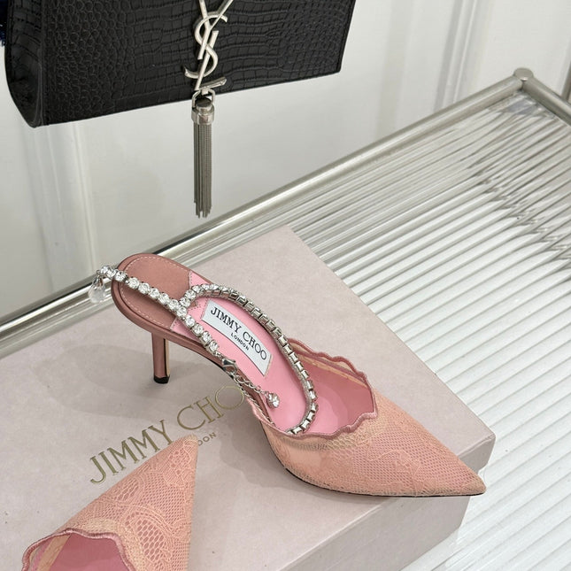 JIMMY CHOO 26S EMBELLISHED HIGH-HEEL SANDALS 85 MM IN BALLET PINK LACE