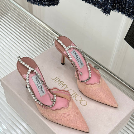 JIMMY CHOO 26S EMBELLISHED HIGH-HEEL SANDALS 85 MM IN BALLET PINK LACE
