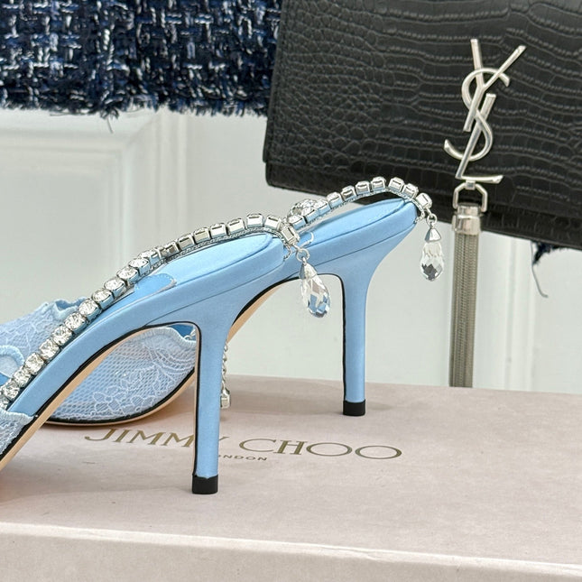JIMMY CHOO 26S EMBELLISHED HIGH-HEEL SANDALS 85 MM IN BLUE LACE
