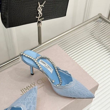 JIMMY CHOO 26S EMBELLISHED HIGH-HEEL SANDALS 85 MM IN BLUE LACE