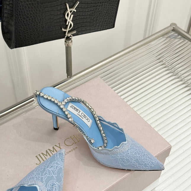 JIMMY CHOO 26S EMBELLISHED HIGH-HEEL SANDALS 85 MM IN BLUE LACE