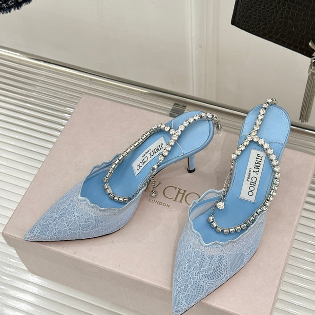 JIMMY CHOO 26S EMBELLISHED HIGH-HEEL SANDALS 85 MM IN BLUE LACE