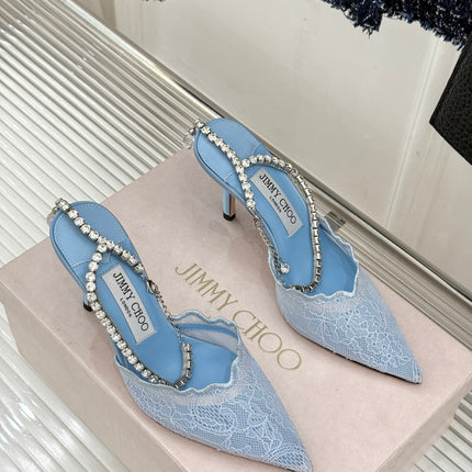 JIMMY CHOO 26S EMBELLISHED HIGH-HEEL SANDALS 85 MM IN BLUE LACE
