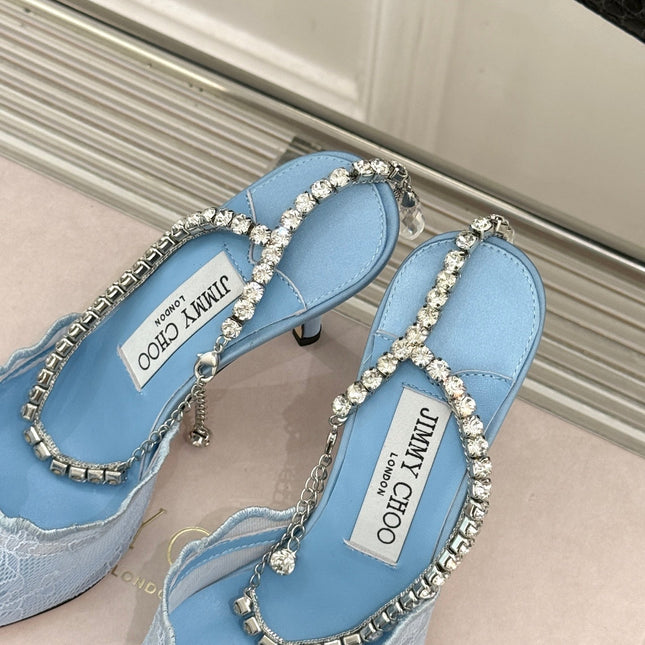 JIMMY CHOO 26S EMBELLISHED HIGH-HEEL SANDALS 85 MM IN BLUE LACE