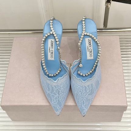 JIMMY CHOO 26S EMBELLISHED HIGH-HEEL SANDALS 85 MM IN BLUE LACE