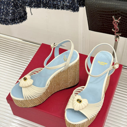 VALENTINO 26S ESPADRILLE WEDGE SANDALS 120 MM IN CREAM WHITE CALFSKIN