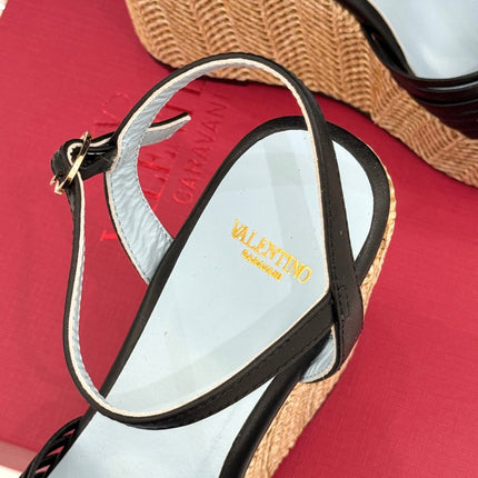 VALENTINO 26S ESPADRILLE WEDGE SANDALS 120 MM IN BLACK CALFSKIN