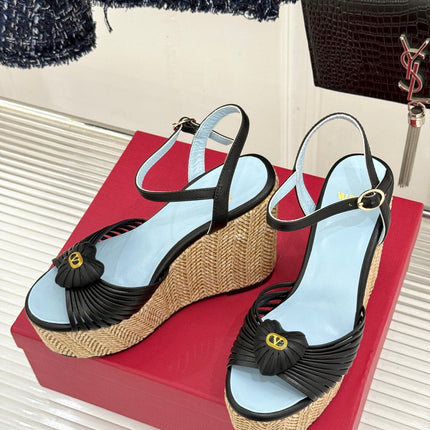 VALENTINO 26S ESPADRILLE WEDGE SANDALS 120 MM IN BLACK CALFSKIN