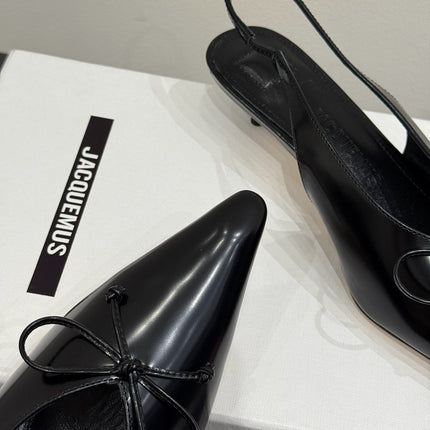 JACQUEMUS 26S HIGH-HEEL SLINGBACKS IN BLACK LAMBSKIN WITH BOW