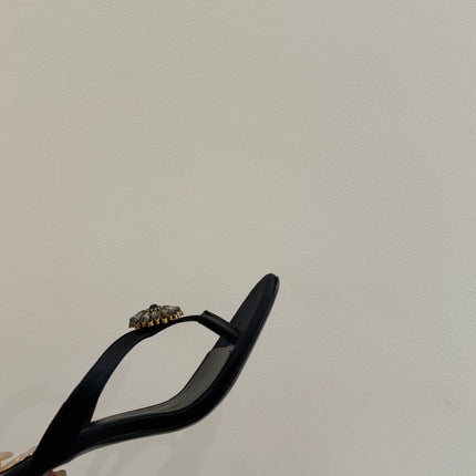 YSL HEELED THONG SANDALS 25S IN BLACK SATIN WITH CRYSTAL
