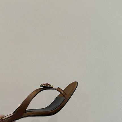 YSL HEELED THONG SANDALS 25S IN BROWN SATIN WITH CRYSTAL