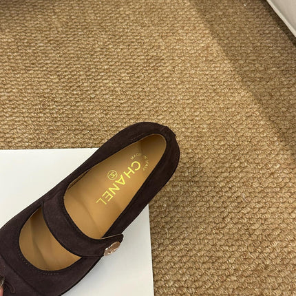 CHANEL 26S MARY JANE FLATS IN DARK BROWN SUEDE CC LOGO