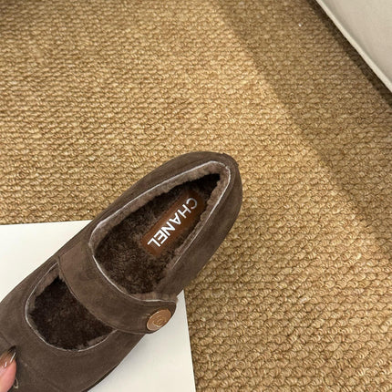CHANEL 26S MARY JANE FLATS IN BROWN SUEDE SHEARLING LINING
