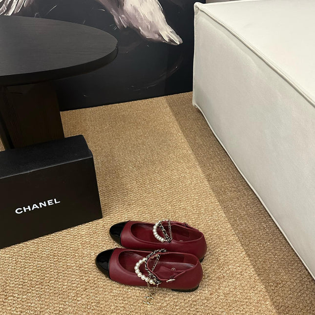 CHANEL 26S MARY JANE PEARL STRAP FLATS IN BURGUNDY RED CALFSKIN