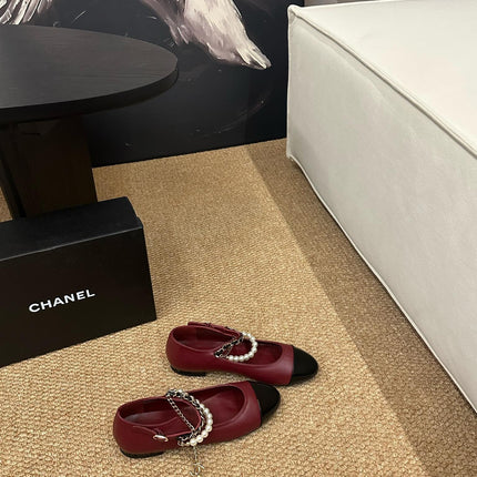 CHANEL 26S MARY JANE PEARL STRAP FLATS IN BURGUNDY RED CALFSKIN