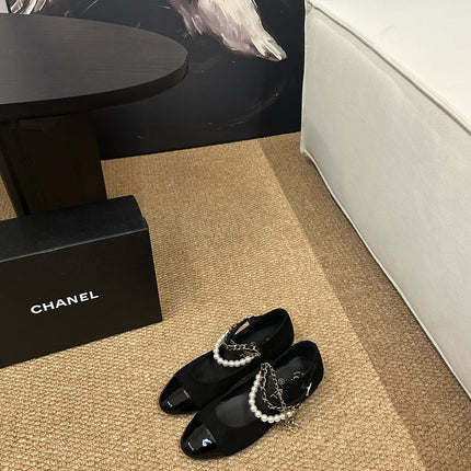 CHANEL 26S MARY JANE PEARL STRAP FLATS IN BLACK CALFSKIN