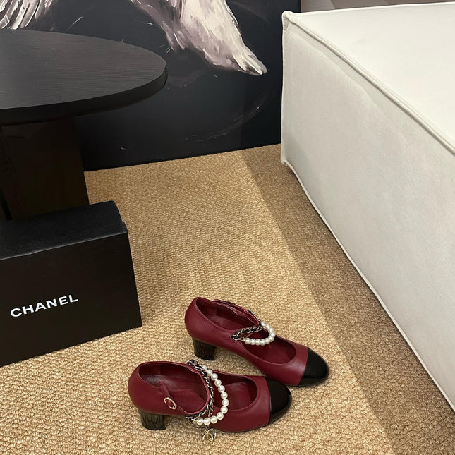 CHANEL 26S MARY JANE PEARL STRAP HIGH HEELS IN BURGUNDY RED CALFSKIN