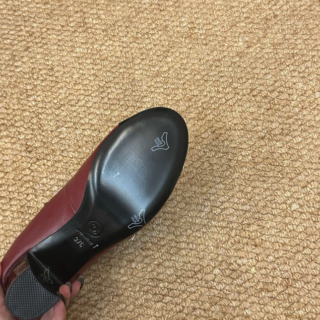CHANEL 26S MARY JANE PEARL STRAP HIGH HEELS IN BURGUNDY RED CALFSKIN