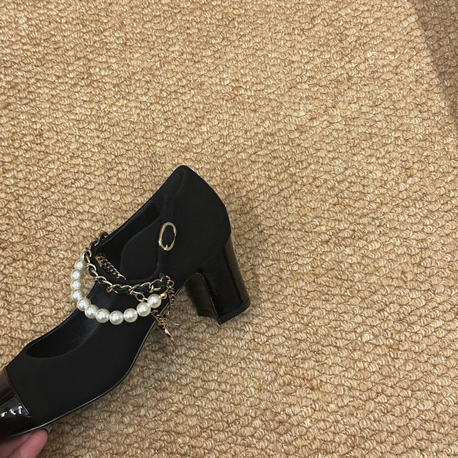 CHANEL 26S MARY JANE PEARL STRAP HIGH HEELS IN BLACK CALFSKIN