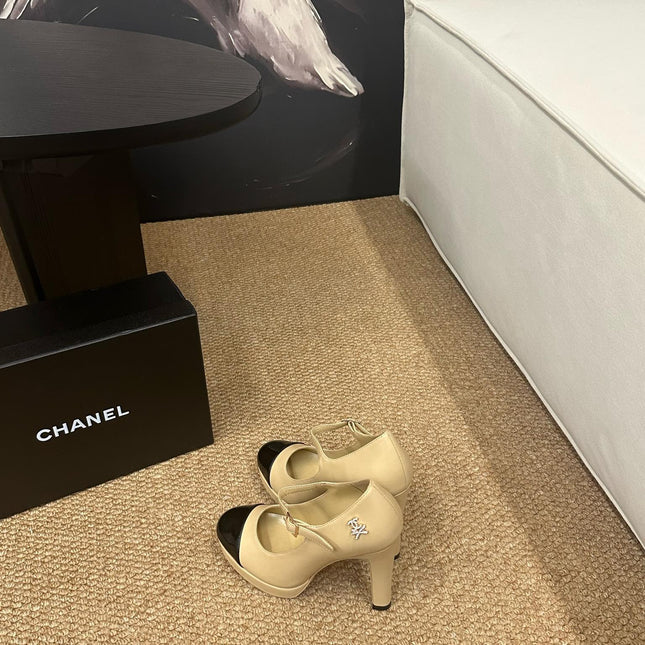 CHANEL 26S MARY JANE HEELS IN BEIGE CALFSKIN WITH BLACK CAP TOE