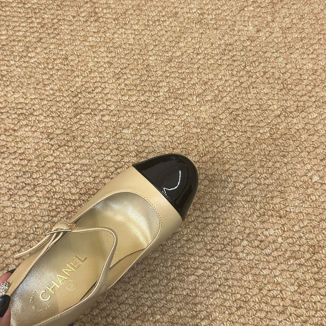 CHANEL 26S MARY JANE HEELS IN BEIGE CALFSKIN WITH BLACK CAP TOE