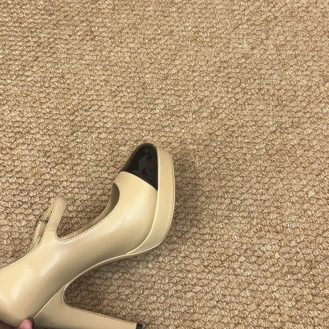 CHANEL 26S MARY JANE HEELS IN BEIGE CALFSKIN WITH BLACK CAP TOE