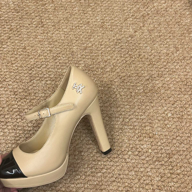 CHANEL 26S MARY JANE HEELS IN BEIGE CALFSKIN WITH BLACK CAP TOE