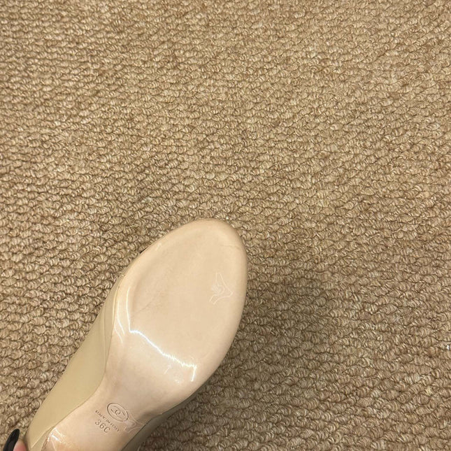 CHANEL 26S MARY JANE HEELS IN BEIGE CALFSKIN WITH BLACK CAP TOE
