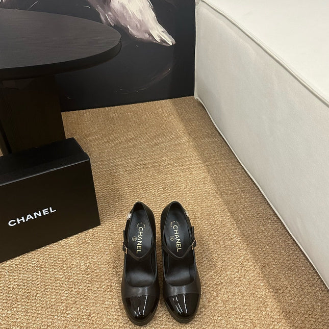 CHANEL 26S MARY JANE HEELS IN BLACK CALFSKIN CAP TOE