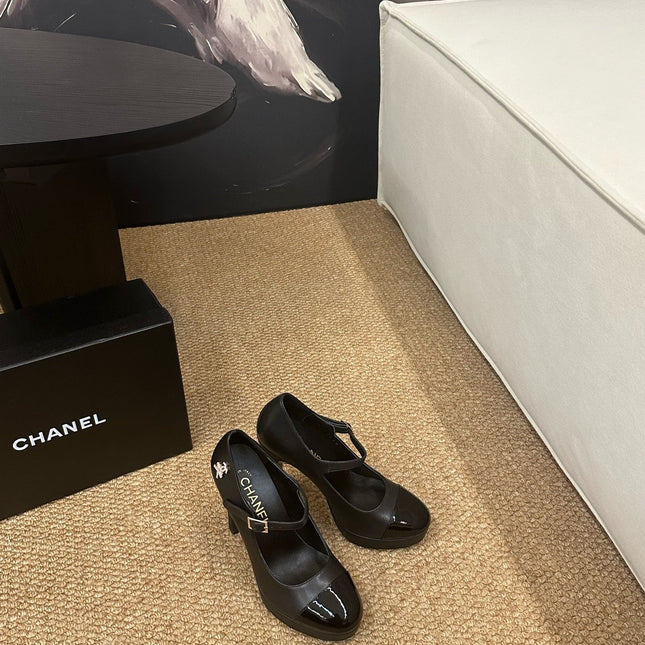 CHANEL 26S MARY JANE HEELS IN BLACK CALFSKIN CAP TOE